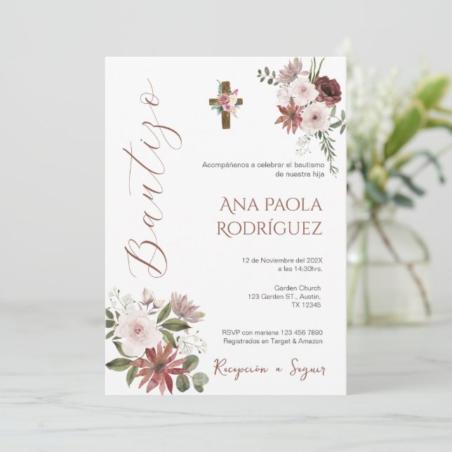 Invitación al bautismo del Chica floral de Boho es (Anverso de pie)