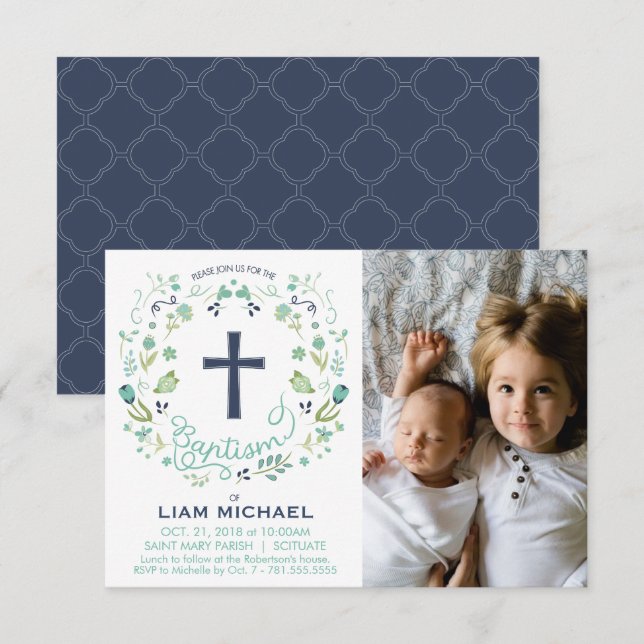 Invitación al bautismo del niño - Tarjeta fotográf (Anverso / Reverso)