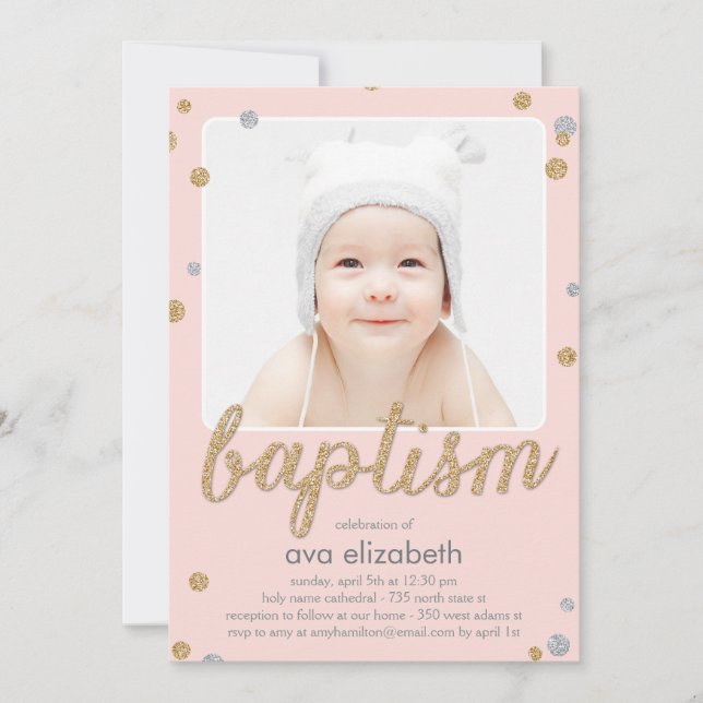Invitación al bautismo divertido confetti - rosa (Anverso)