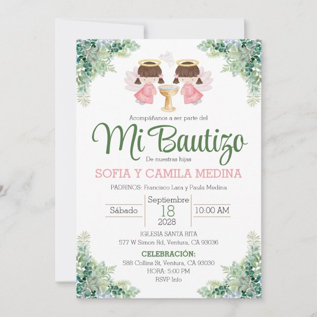 Invitación al bautismo dos hermanas gemelas Chicas (Anverso)