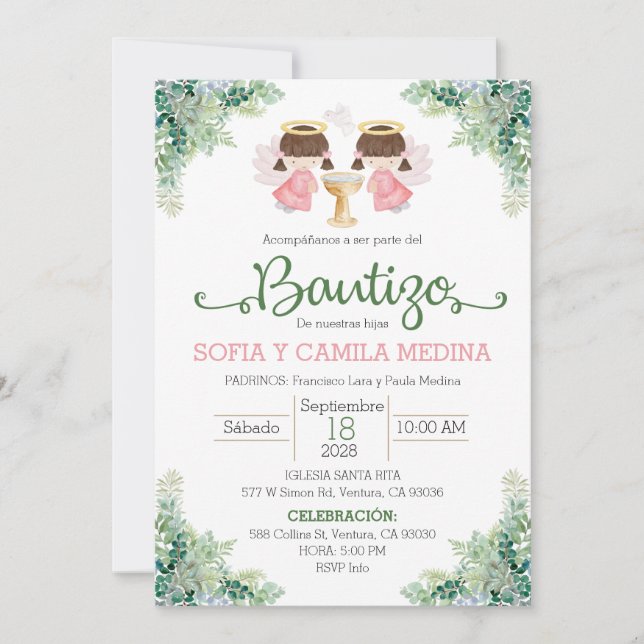 Invitación al bautismo dos hermanas gemelas Chicas (Anverso)