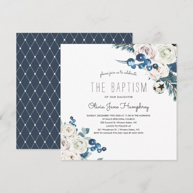 Invitación al bautismo en invierno de Florals (Anverso / Reverso)