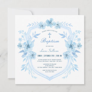 Invitación al bautismo Escudo azul floral