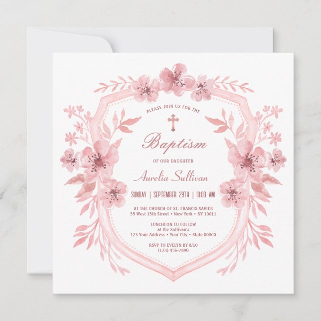 Invitación al bautismo Escudo rosa floral (Anverso)