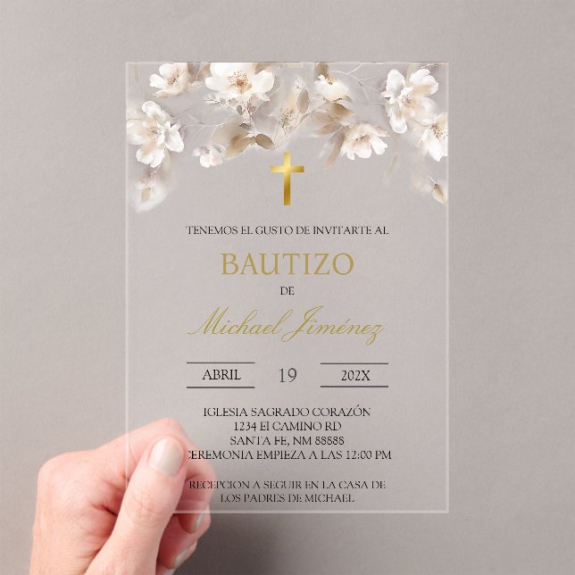 Invitación al bautismo español beige floral (Insitu (portátil))