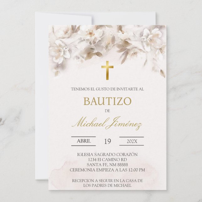 Invitación al bautismo español beige floral (Anverso)
