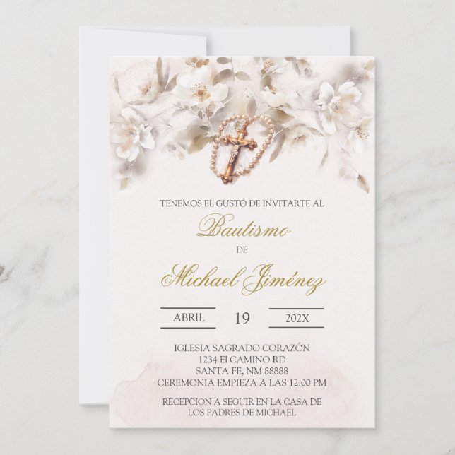 Invitación al bautismo español beige floral (Anverso)