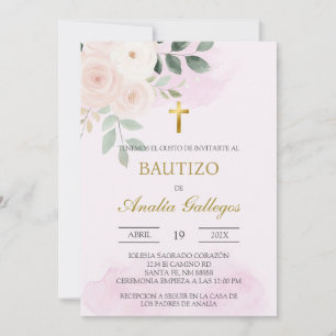 Invitación al bautismo español con flores de color