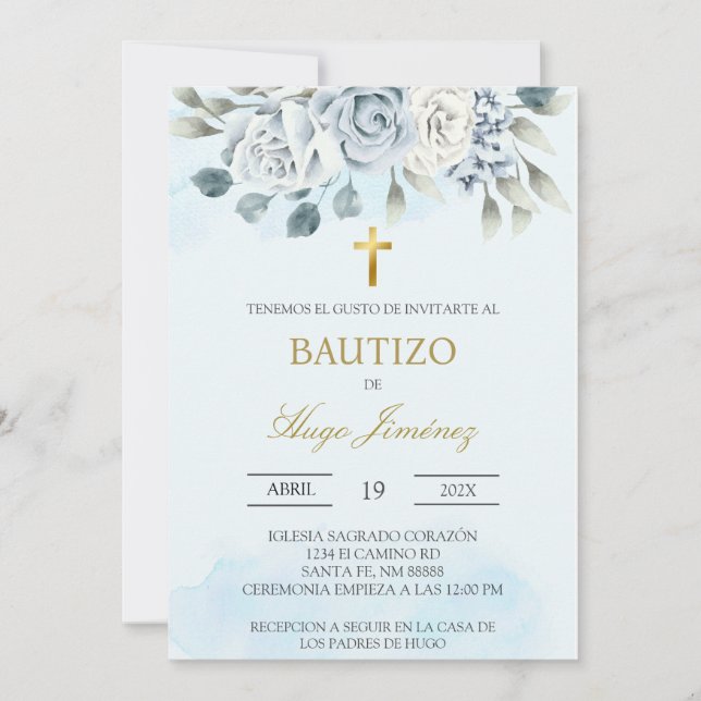 Invitación al bautismo español con flores y azul t (Anverso)