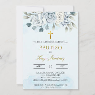 Invitación al bautismo español con flores y azul t