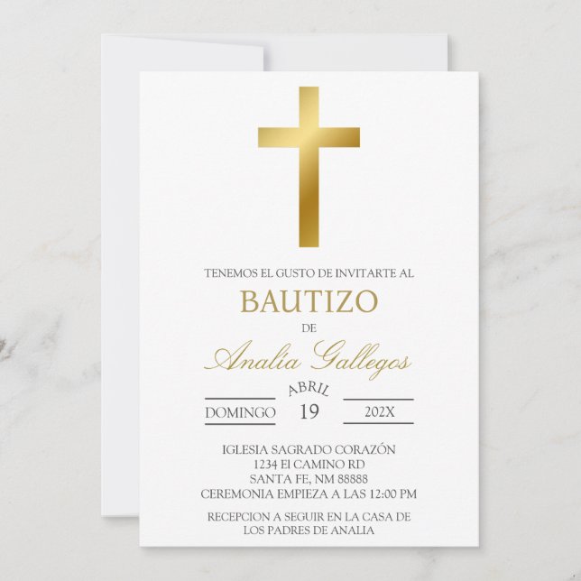 Invitación al bautismo español crucifijo de oro (Anverso)