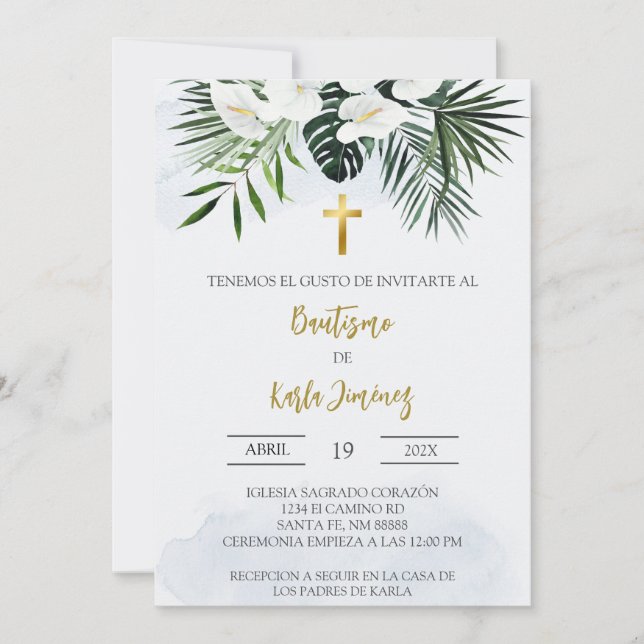Invitación al bautismo español de flor lirio blanc (Anverso)