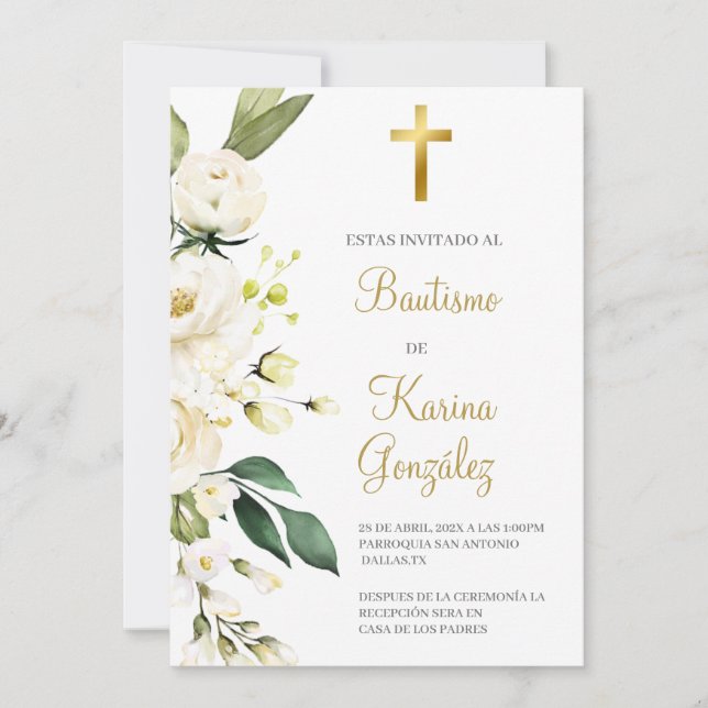 Invitación al bautismo español floral blanco (Anverso)