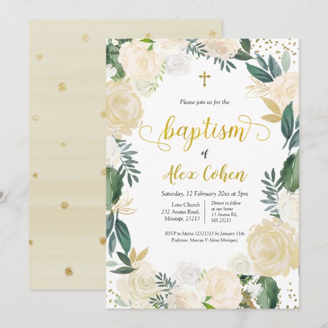 Invitación al bautismo español floral blanco (Anverso / Reverso)
