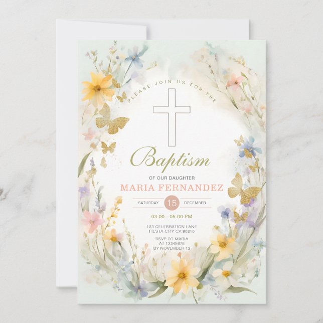 Invitación al bautismo floral acuarela (Anverso)