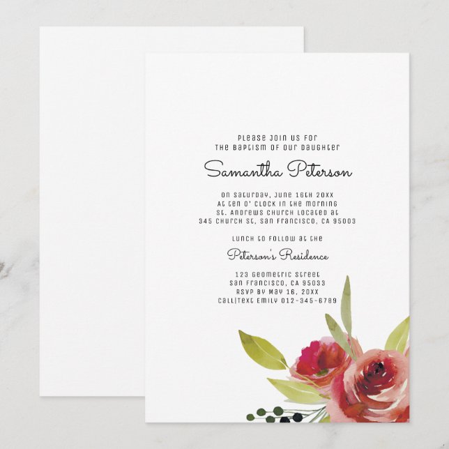 Invitación al bautismo floral acuarela (Anverso / Reverso)