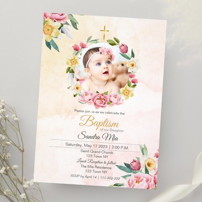 Invitación al bautismo floral amarillo rosa dulce (Sweet Yellow-pink floral Baptism Invitation)