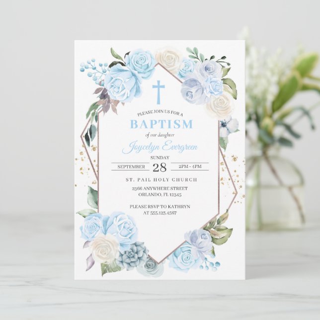Invitación al bautismo floral azul (Anverso de pie)