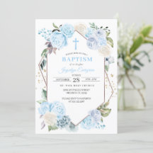 Invitación al bautismo floral azul