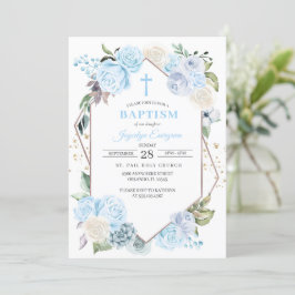 Invitación al bautismo floral azul