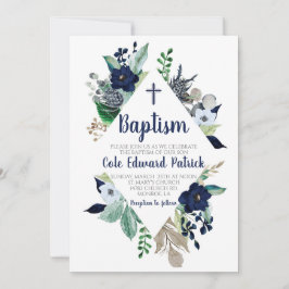 Invitación al bautismo floral azul