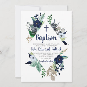 Invitación al bautismo floral azul