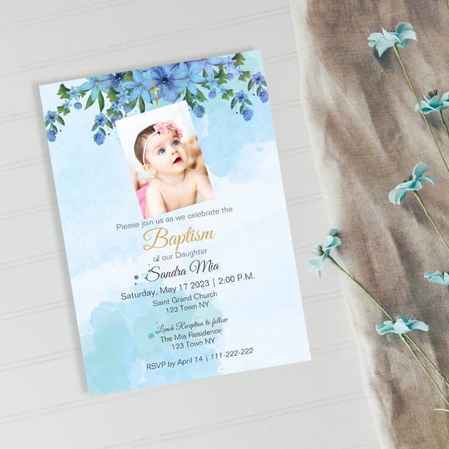 Invitación al bautismo floral azul (Blue Floral Baptism Invite)