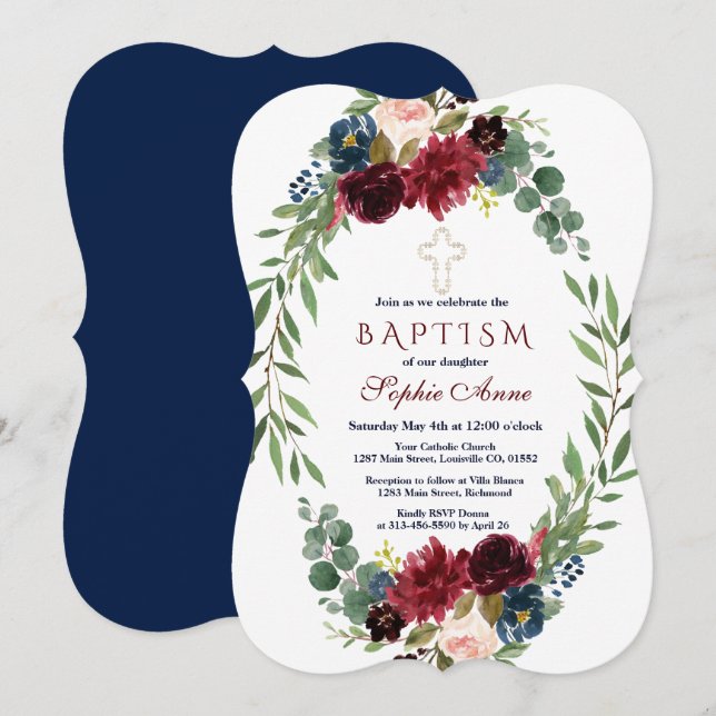 Invitación al bautismo floral azul de la Marina Me (Anverso / Reverso)