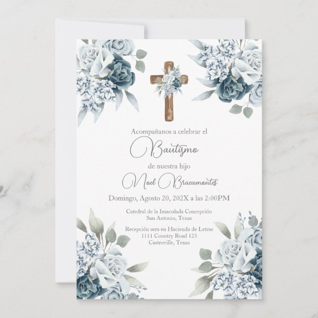 Invitación al bautismo floral azul en español (Anverso)