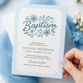 Invitación al bautismo floral azul para bebé