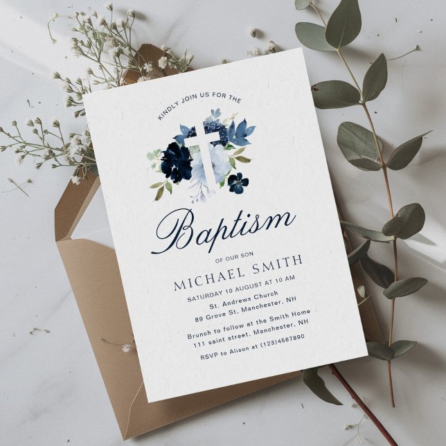 invitación al bautismo floral azul polvoriento de  (Subido por el creador)