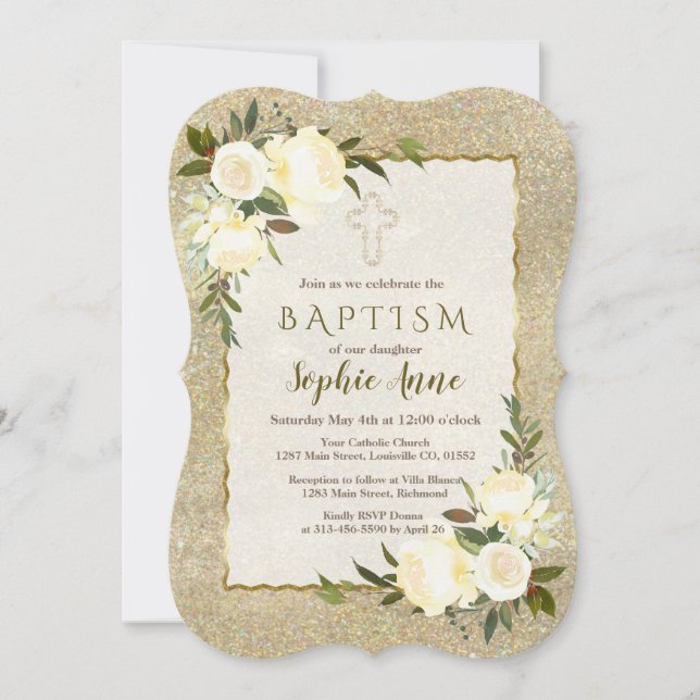 Invitación al bautismo floral blanco Purpurina de  (Anverso)