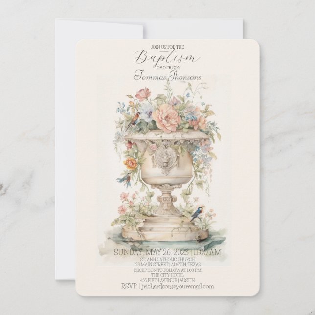 Invitación al bautismo floral boho (Anverso)