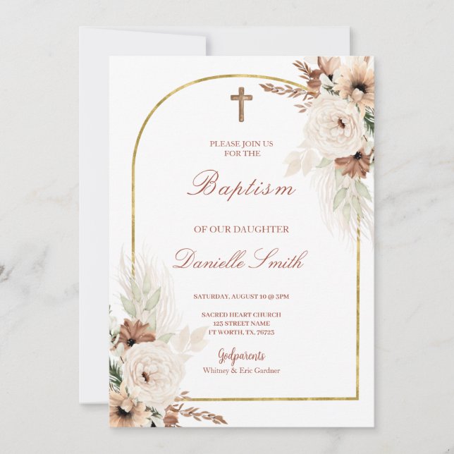 Invitación al bautismo floral boho (Anverso)