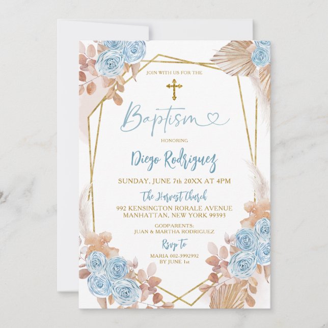 Invitación al bautismo floral Boho Blue y Gold (Anverso)