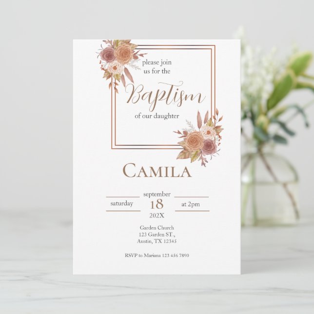 Invitación al bautismo floral boho para Chica en e (Anverso de pie)