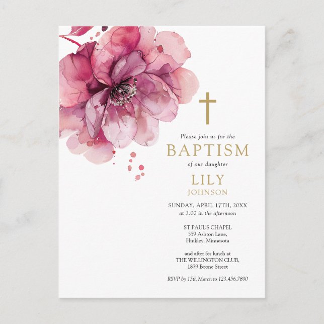 Invitación al bautismo floral con acuarela Rosa y  (Anverso)