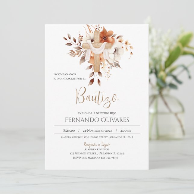 Invitación al bautismo floral de Boho español (Anverso de pie)