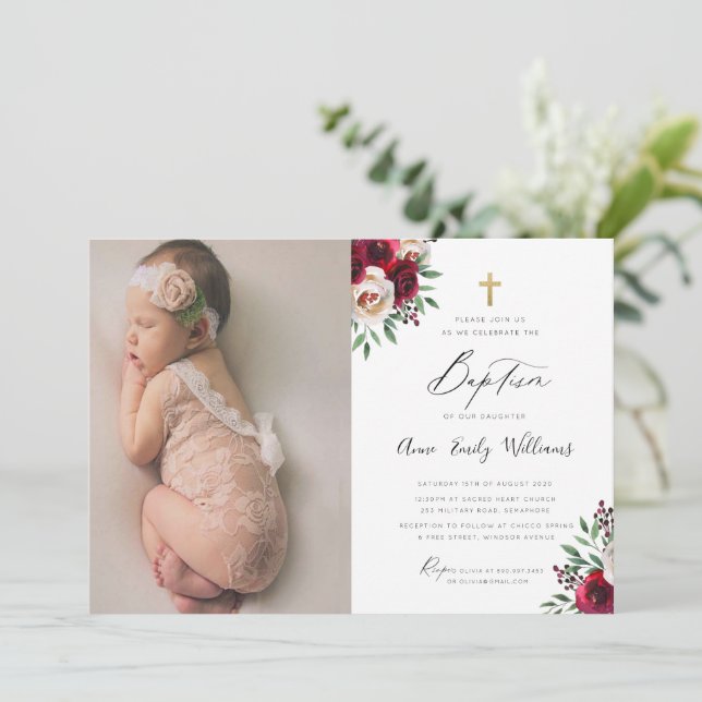 Invitación al bautismo floral de Borgoña con foto (Anverso de pie)