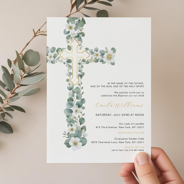 Invitación al bautismo floral de color de agua ver (Foliage Gold Cross Baptism Invitation)