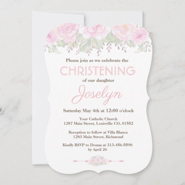 Invitación al bautismo floral de la moda Rubor Ros (Anverso)