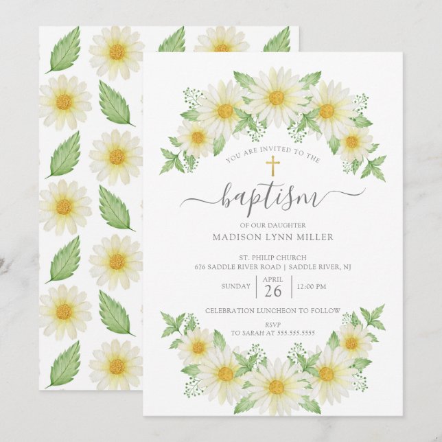 Invitación al bautismo floral de margarita fresca (Anverso / Reverso)
