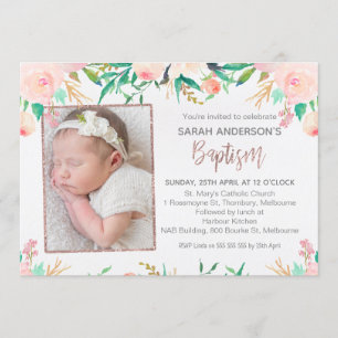 Invitación al bautismo floral de oro rosado