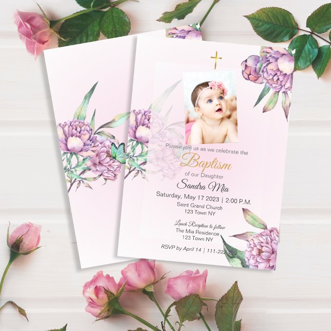 Invitación al bautismo floral de peones rosados (Pink Peony floral Baptism Invite)