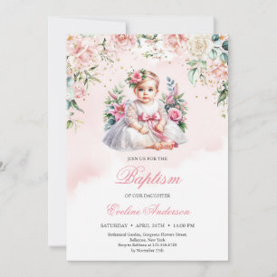 Invitación al bautismo floral de rosas de niña rub