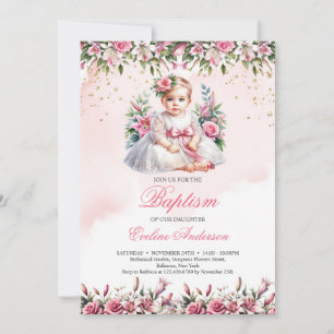 Invitación al bautismo floral de rosas de niña rub
