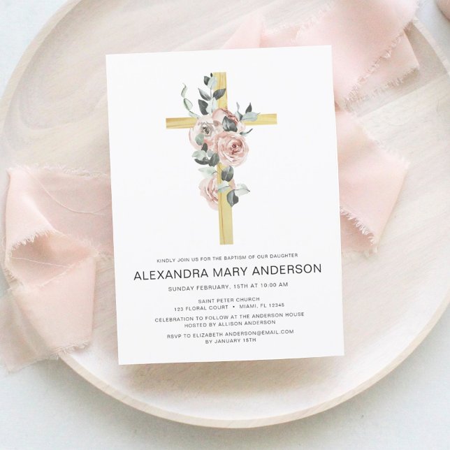 Invitación al bautismo floral de rosas rosadas pol (Subido por el creador)