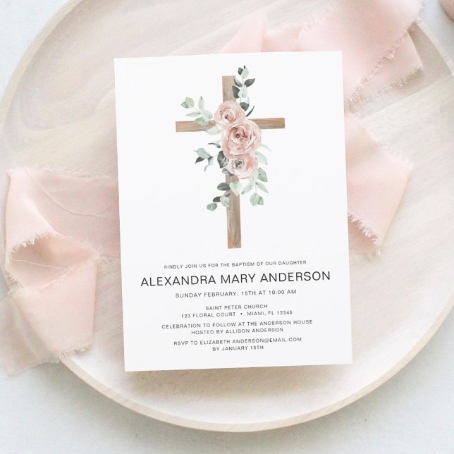 Invitación al bautismo floral de rosas rosadas pol (Subido por el creador)
