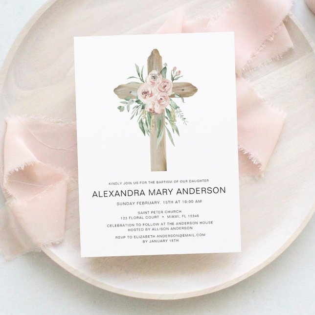 Invitación al bautismo floral de rosas rosadas pol (Subido por el creador)