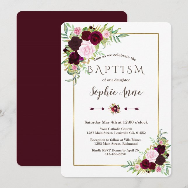 Invitación al bautismo floral de Royal Burgundy Ma (Anverso / Reverso)